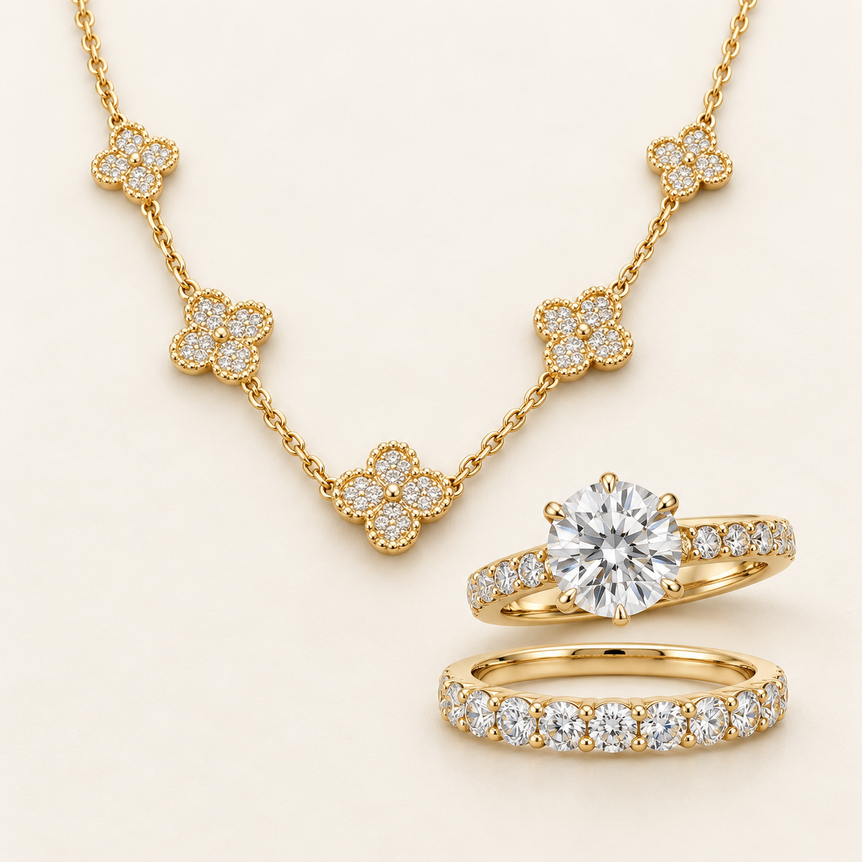 Gold jewelry: necklace and rings