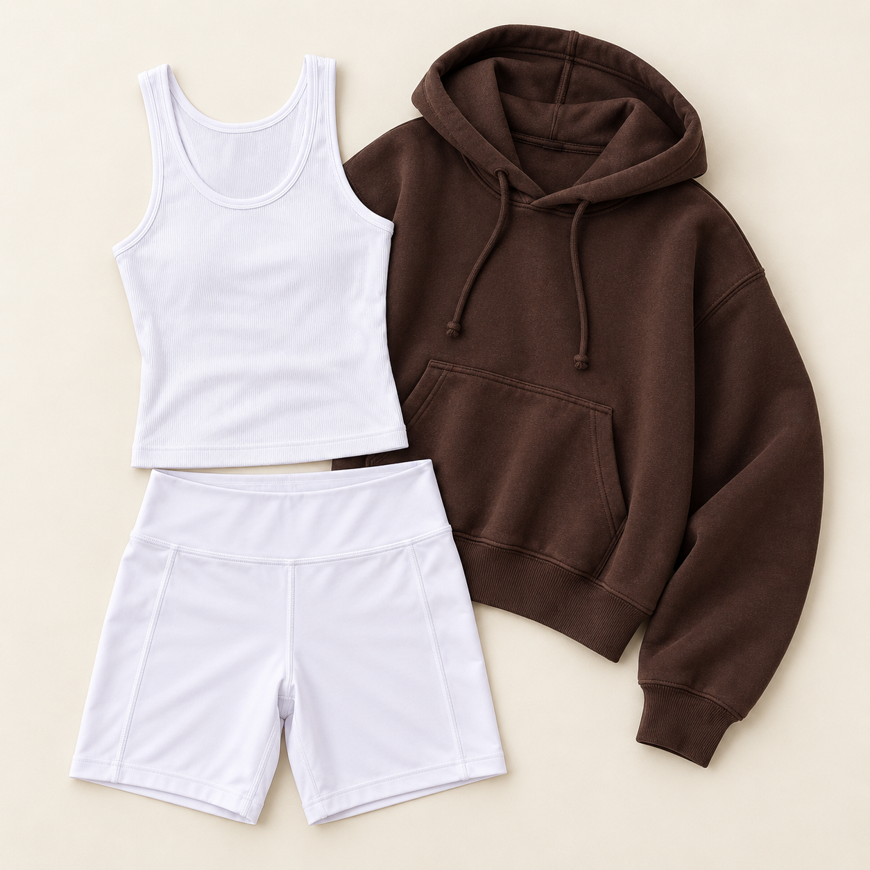 White tank, shorts and a brown hoodie laid flat